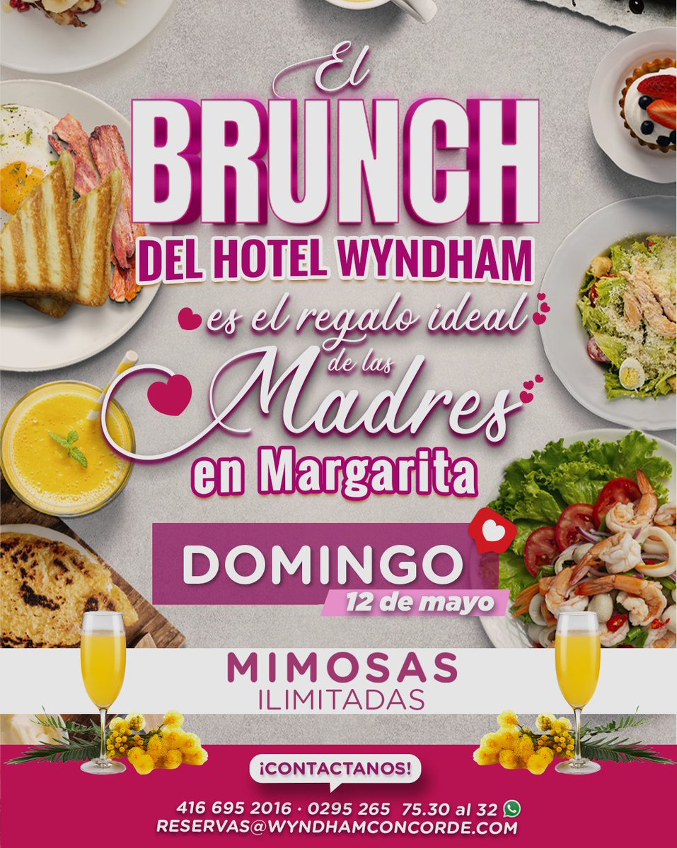 Este Domingo 12 de Mayo ven a disfrutar el día de las madres con nosotros en Wyndham Concorde 💖☀️🌴

Nuestro Brunch ¡Es el regalo ideal! Ya que lo pueden disfrutar ¡En familia! 👪

Disfruta de un día increíble con nosotros, de 11:00 am a 4:00 pm