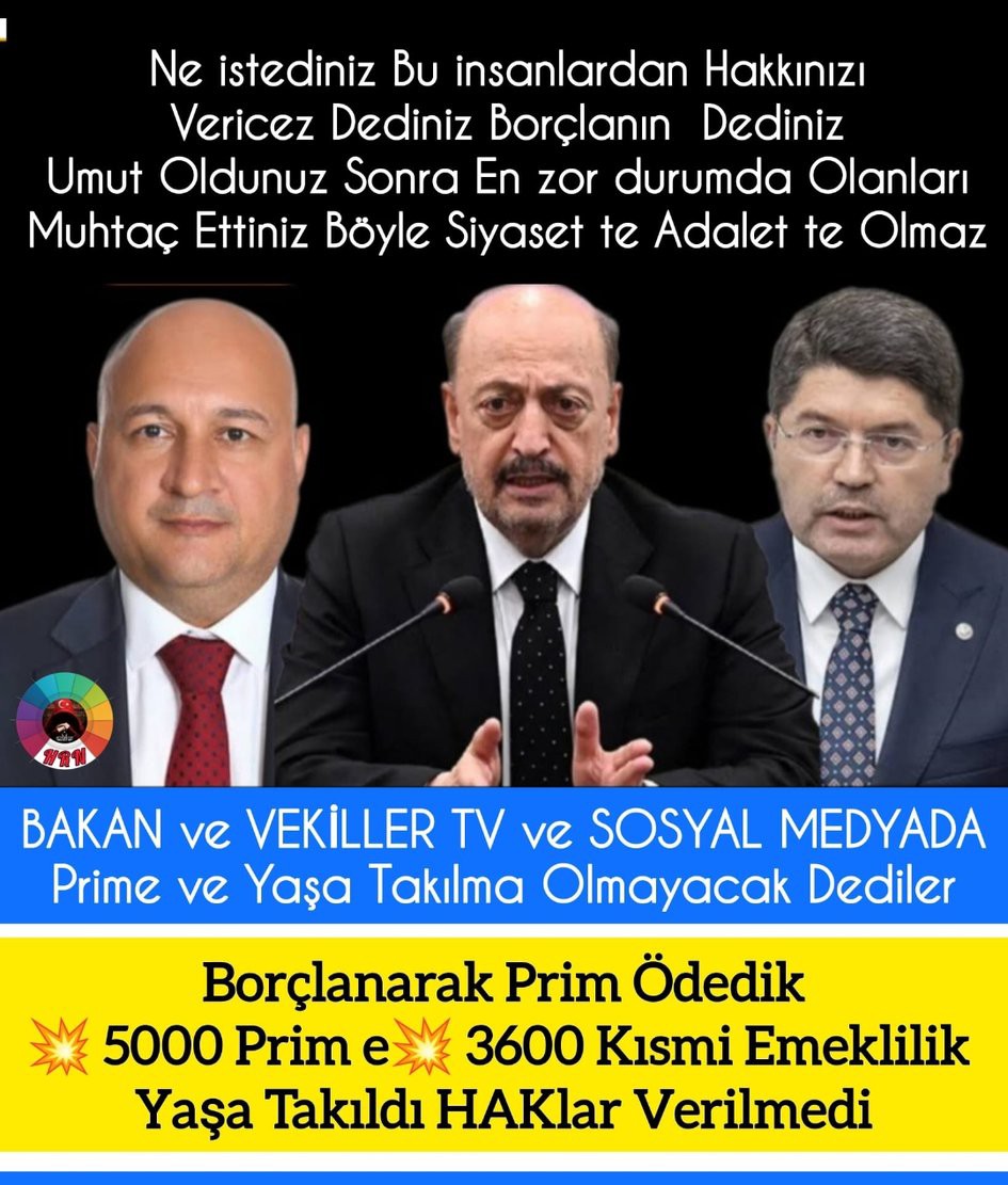 EYT YASASI EKSİK ÇIKTI!
Verilmeyen 8.9.99 Öncesi
5000 Prim 20/25 yıl
3600 Kısmi Emeklilik 50/55 Yaş Emeklilik HAKlarımızı İstiyoruz
<a href="/RTErdogan/">Recep Tayyip Erdoğan</a>
<a href="/isikhanvedat/">Prof. Dr. Vedat Işıkhan</a> 
@ErbakanFatih
<a href="/eczozgurozel/">Özgür Özel</a>
<a href="/dbdevletbahceli/">Devlet Bahçeli</a>

#5000VeKısmiyiVerinEYTyiBitirin
#5000KısmiyeYasaBekliyoruz
#5binKısmiAcildir