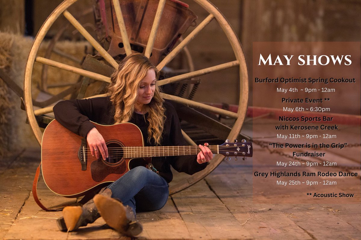 Hello May! 
Check out my upcoming shows on my website…  
carasmithcountry.com