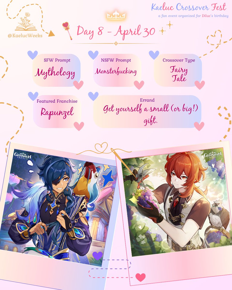Dearest kaeluc fandom, today is the last day of the #KaelucCrossoverFest event but also the most beautiful as we celebrate Diluc's birthday! 💖 ❄🔥 Isn't his beauty absolutely enchanting? 

Are you doing anything special for the occasion? 💗