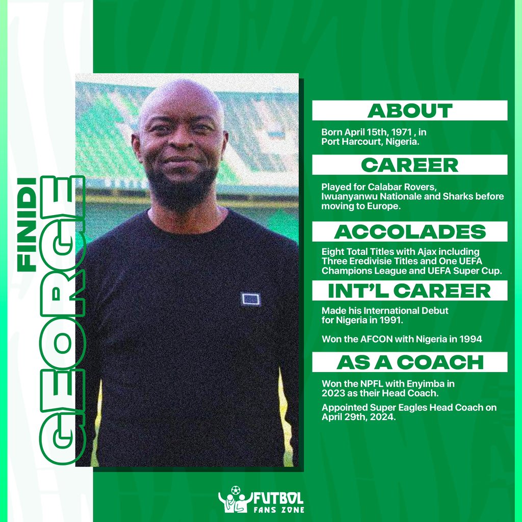 Get to know the 🆕 Super Eagles Head Coach, Finidi George.

🦅🇳🇬

#SuperEagles #Nigeria #WelcomeFinidi