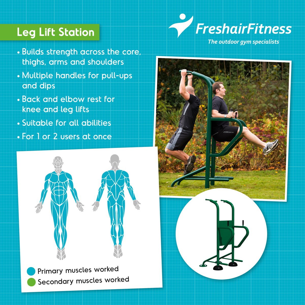 The Leg Lift Station is a fantastic piece of outdoor gym equipment which works the primary muscle groups in the arms, chest, shoulder, back and legs and the secondary muscle groups in the core. The solid frame has extra handles at the back for neutral or lateral grip pull-ups.