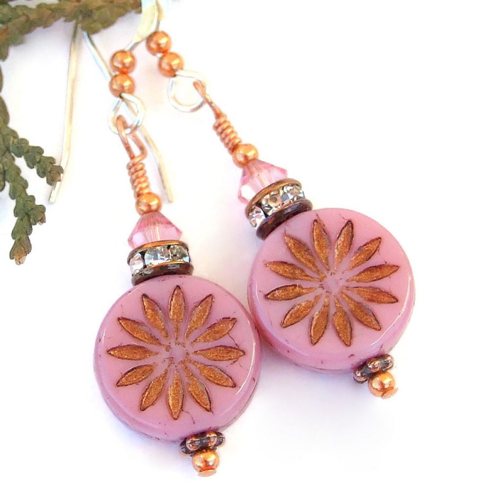Fun Pink & Bronze #Flower #Earrings w/ Sparkling Crystals!  via @ShadowDogDesign #cctag #ShopSmall #MothersDay #FlowerEarrings      bit.ly/PinkPosies