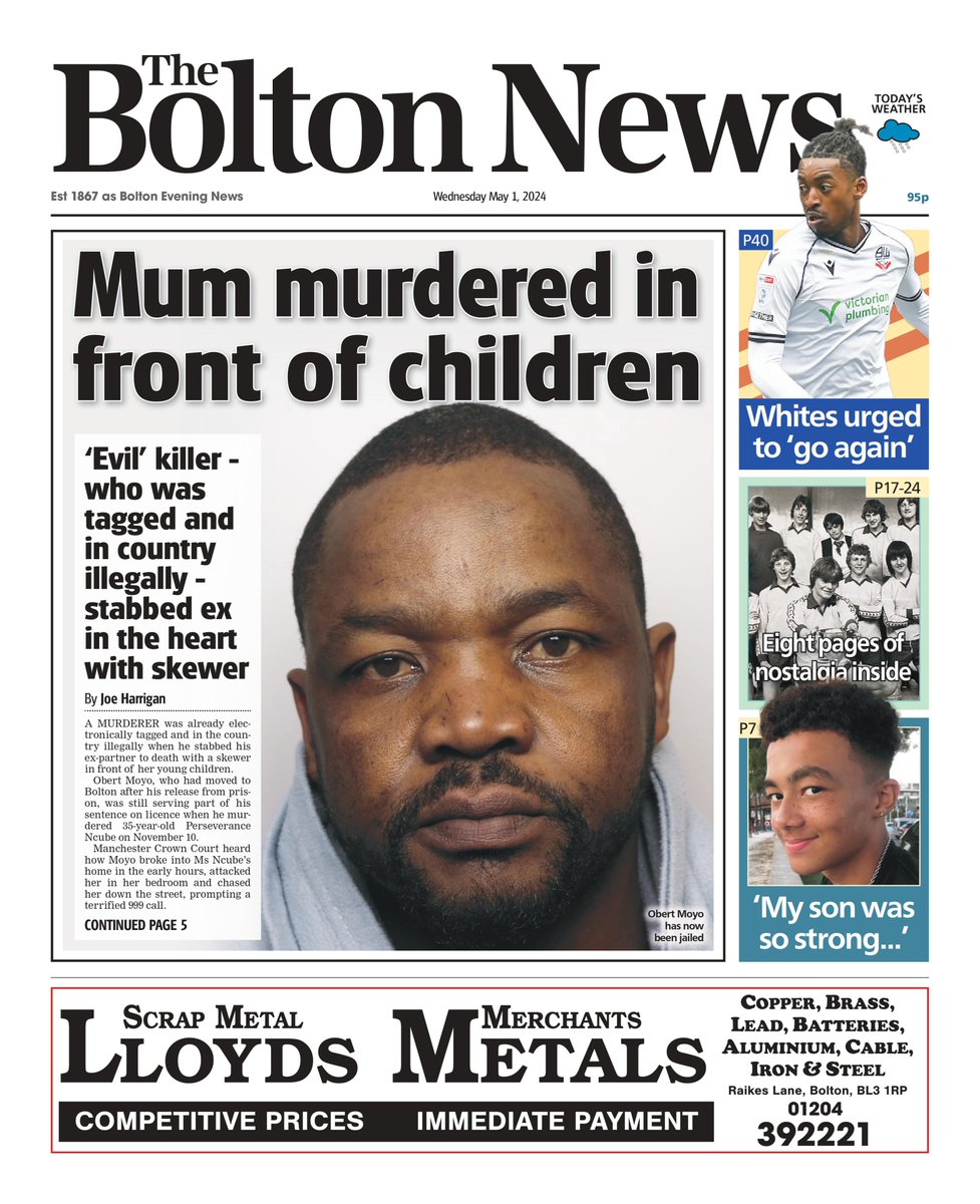 Front page of Wednesday's @TheBoltonNews📰

#TomorrowsPapersToday #Bolton #GreaterManchester #BuyAPaper #LocalNewsMatters #Newsquest #BWFC #BoltonWanderers #BoltonNews #BoltonCouncil