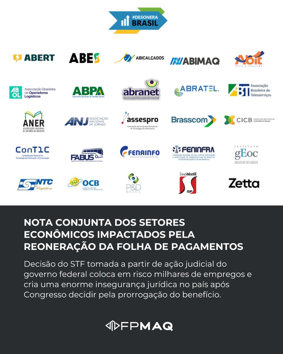 FPIMaquinas's tweet photo. Decisão do STF tomada a partir de ação judicial do governo federal coloca em risco milhares de empregos e cria uma enorme insegurança jurídica no país após Congresso decidir pela prorrogação do benefício.

https://t.co/CjQq0CJOb5 https://t.co/thbTwB9oeY