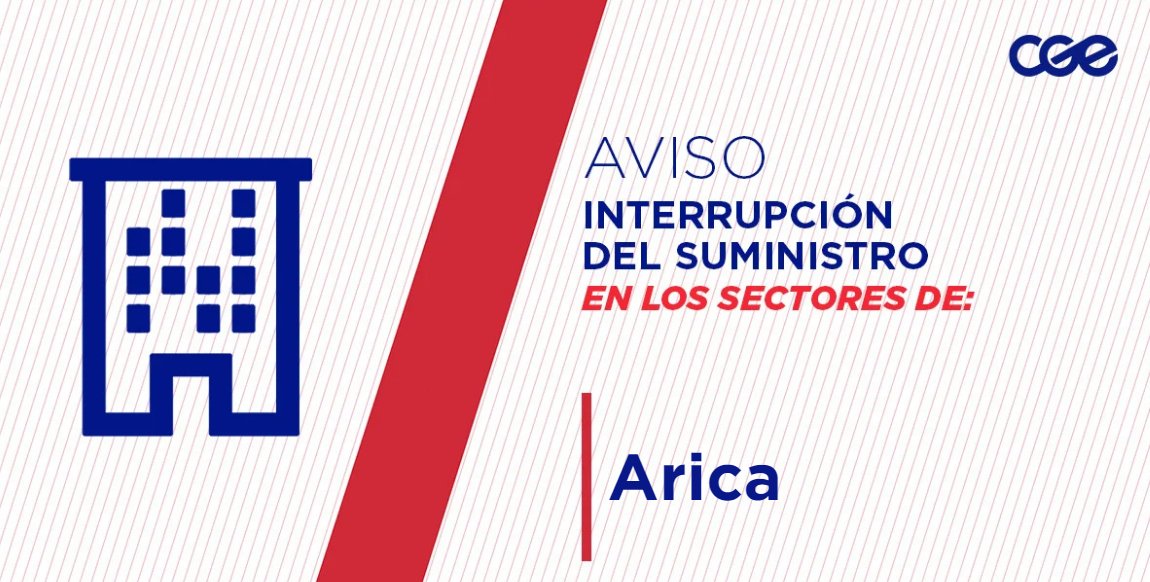 Informamos a nuestros clientes de los sectores General Pedro Lagos, Horizonte en la comuna de #Arica, la interrupción del suministro eléctrico. Nuestro personal de emergencia ya está informado.