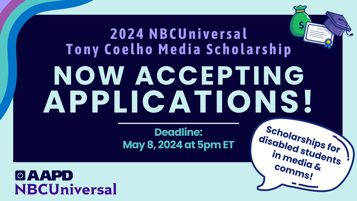 Don't forget to apply for the 2024 NBCUniversal Tony Coelho Media Scholarship! 8 scholarships available for students with disabilities pursuing media careers. Apply by 5/8! bit.ly/3wpuAMF #Scholarship #Education