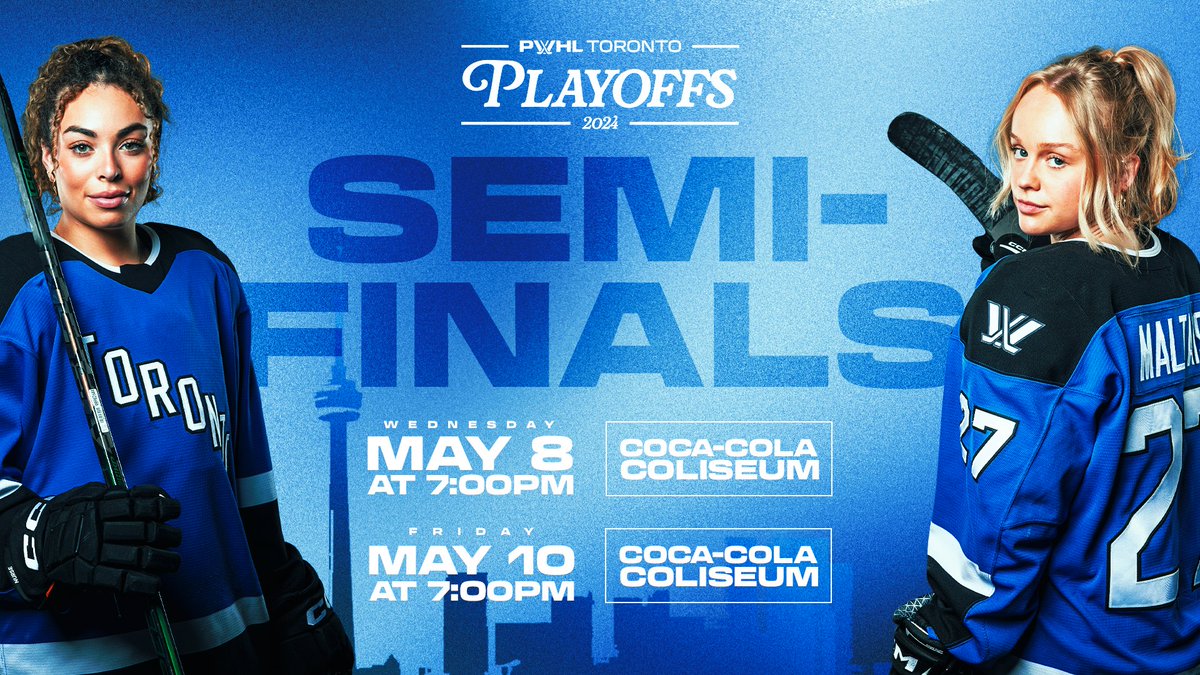 Mark your calendars 📅 @PWHL_Toronto's first two Semi-Finals games will take place at Coca-Cola Coliseum on May 8 & 10 🏒💙 Public on-sale starts on Monday, May 6 at 4PM 🎟