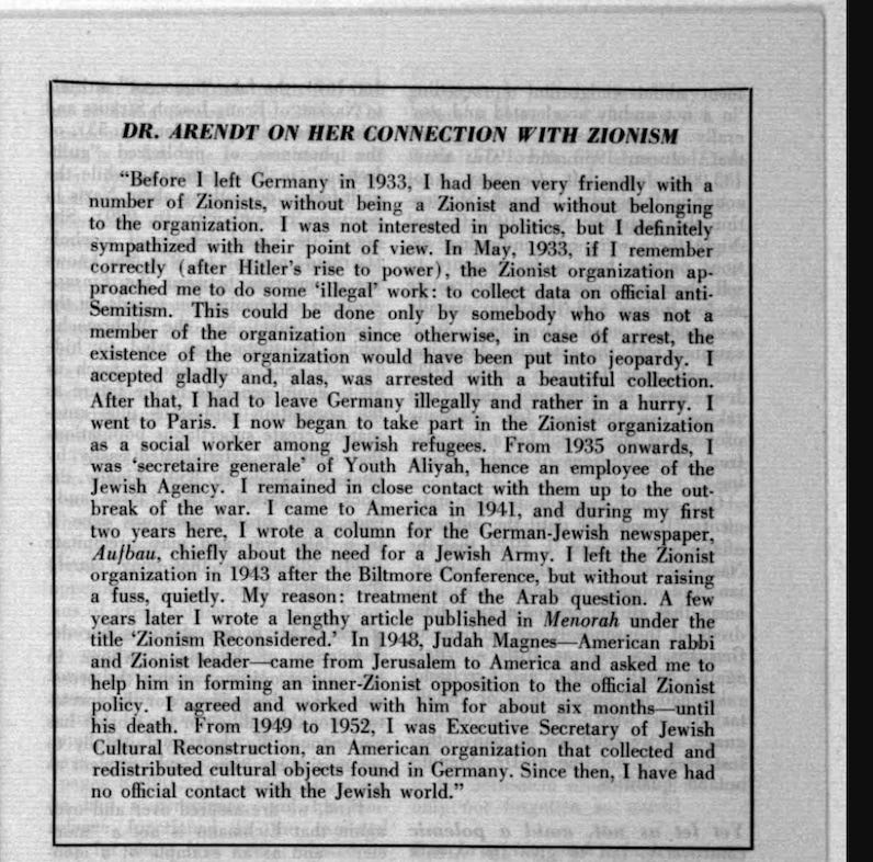 I always look forward to @Samantharhill 's substack, and this week did not disappoint. It included Arendt's personal narrative (c 1963) to @JewishCurrents on her relationship to Zionism. Highly recommend this substack. samantharosehill.substack.com