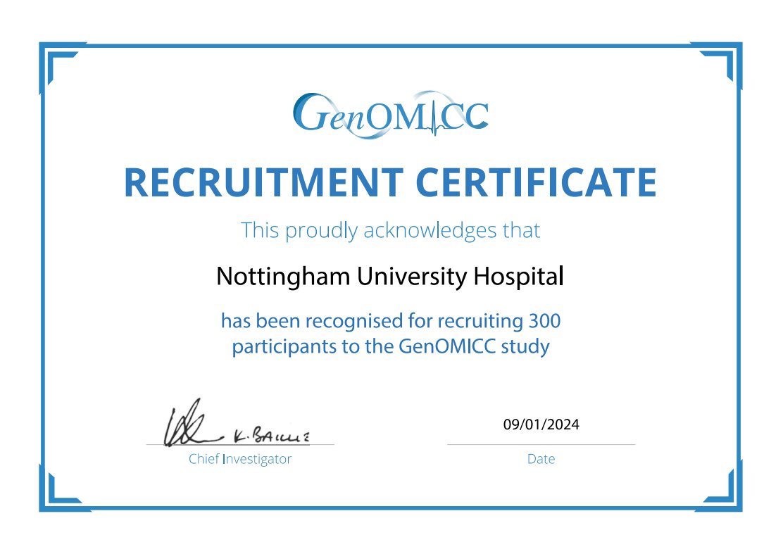 Delighted to receive a certificate from the GenOMICC trial team (@genomiccstudy) for enrolling 300 participants at @nottmhospitals in the global study focusing on genetic factors in critical illness outcomes 🏆 #CriticalCareResearch