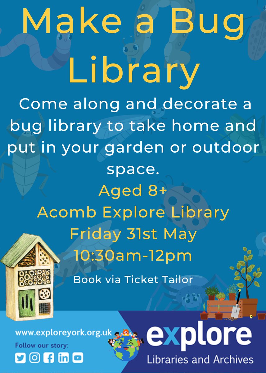 acombexplore's tweet image. Join us at Acomb Explore Library and decorate your very own Bug Library (because even bugs need libraries)! Friday 31st May 10:30am-12pm. Book via Ticket Tailor.