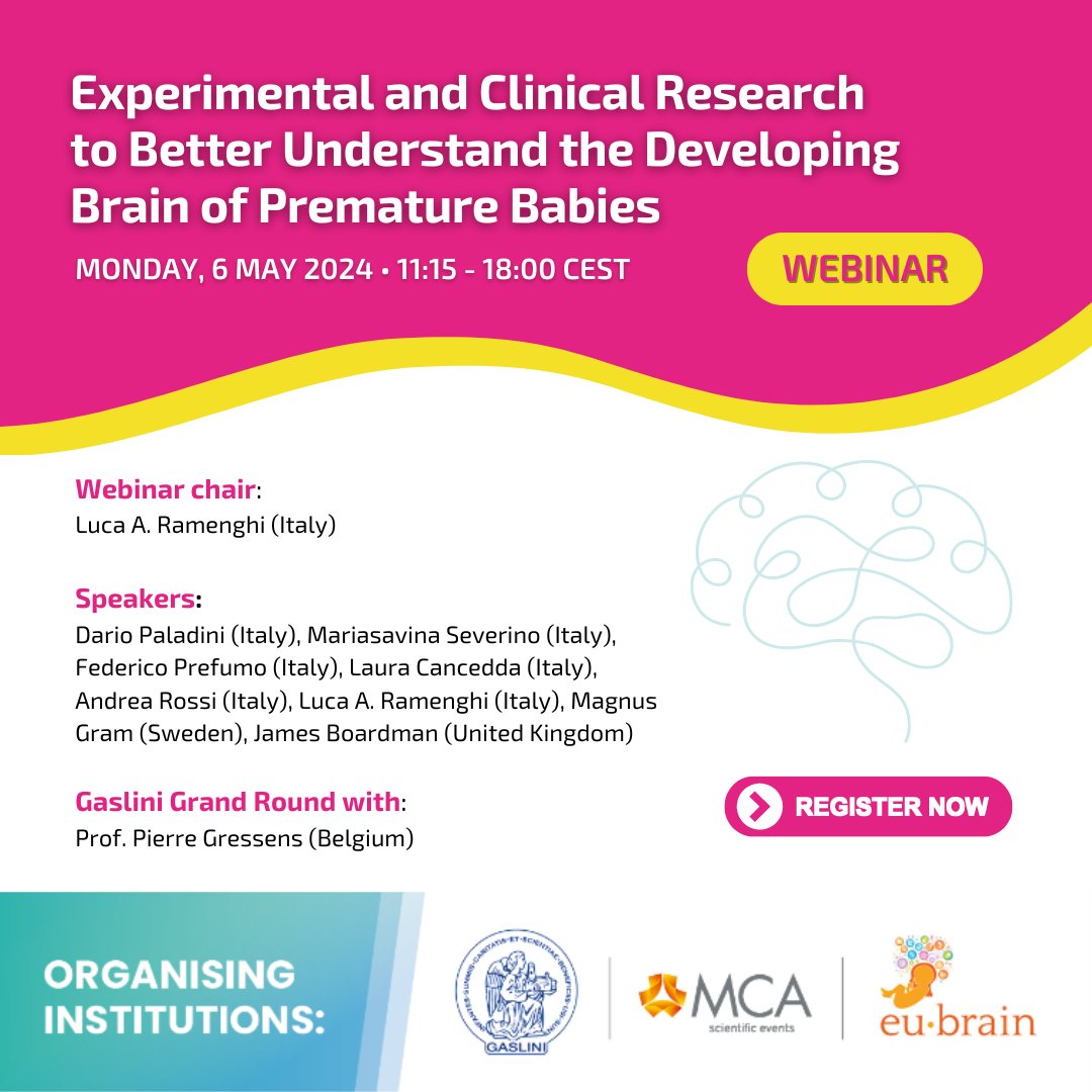 Join us on Monday, 6 May for an exceptional Webinar with world renowned experts to explore the latest research to better understand the developing #brain of #premature #newborns. Register now👉: bit.ly/3UdM8Di @OspedaleGaslini