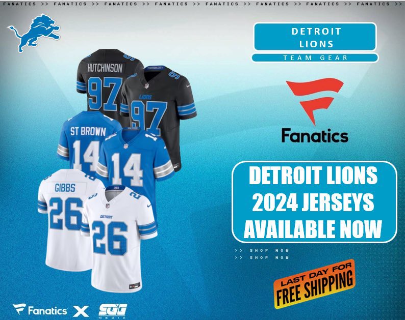 DETROIT LIONS 2024 JERSEYS AVAILABLE NOW, @Fanatics 🏆 LIONS FANS‼️Get your new Detroit Lions jerseys today and receive FREE SHIPPING using this PROMO LINK: fanatics.93n6tx.net/LIONSDEAL📈 HURRY! DEAL ENDS SOON!🤝