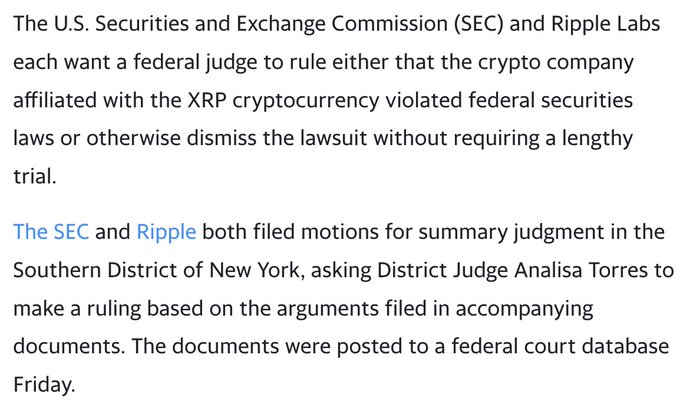 Ripple and the #SEC both agreed to expedite the lawsuit on Friday to get an answer on whether $XRP is a security or not.

From the updates of the case, it sounds like it’s in favor of #Ripple