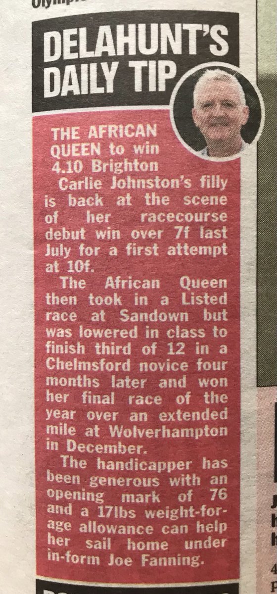 THE AFRICAN QUEEN lands the ⁦@scotsunsport⁩ daily at 5/1. Joe Fanning wins only ride second day running. Apologies to “Carlie” - my bad 😞