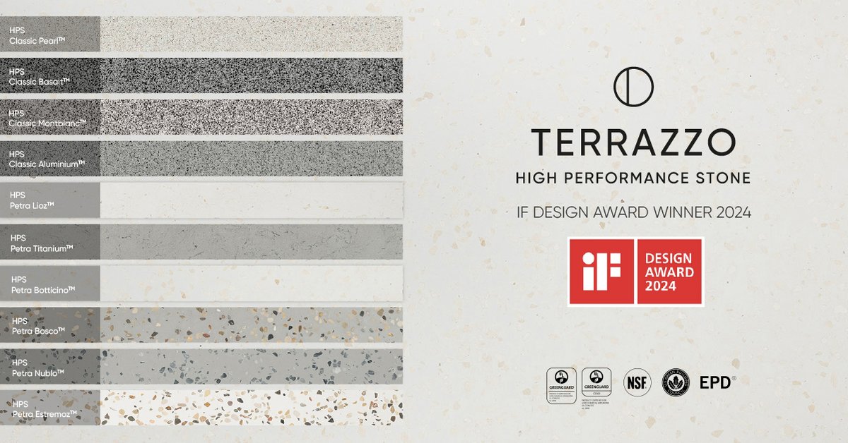 Terrazzo HPS by COMPAC® wins the iF Design Award 2024! This material combines aesthetics, functionality and responsibility. A unique solution on the market for outdoor worktops. Backed by prestigious certifications such as EPD, LEED and NSF.