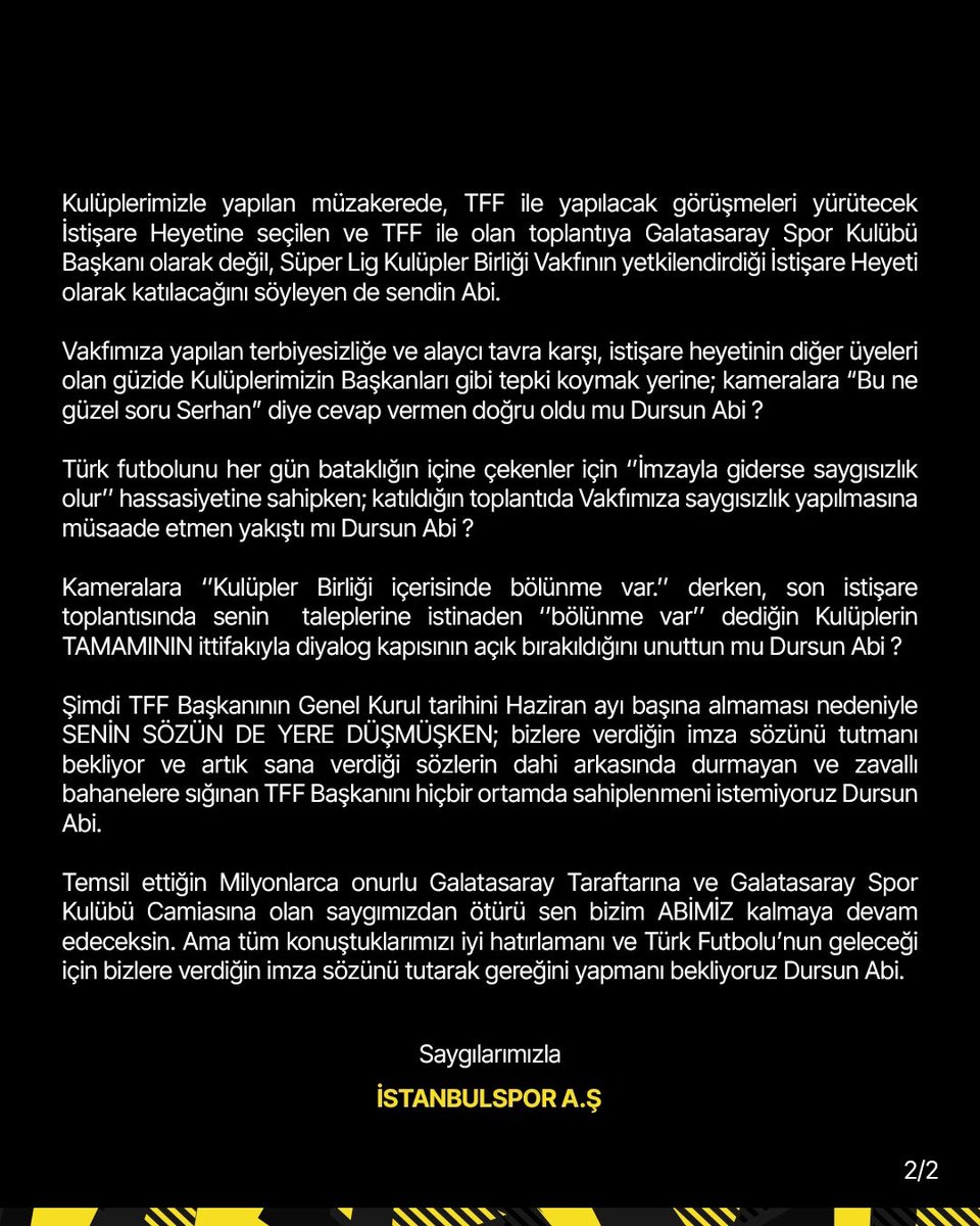 💥'TFF BAŞKANINI SAHİPLENME' 🗣️İstanbulspor’dan Dursun Özbek’e: 'Senin sözün de yere düşmüşken bizlere verdiğin imza sözünü tutmanı bekliyor ve artık sana verdiği sözlerin dahi arkasında durmayan ve zavallı bahanelere sığınan TFF Başkanını hiçbir ortamda sahiplenmeni istemiyoruz…