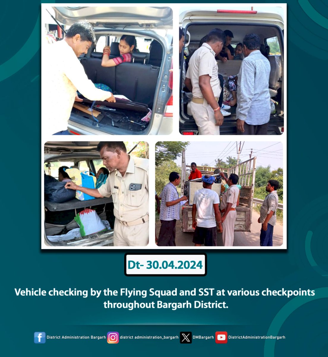 Vehicle checking by the Flying Squad and SST at various checkpoints throughout Bargarh District on April 30th, 2024 @OdishaCeo @IPR_Odisha #SVEEP2024 #SGE2024