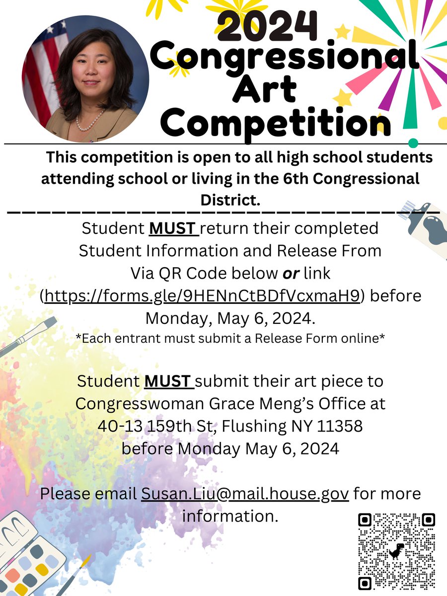 High School Artists: Join my Congressional Art Competition!🎨 Students are encouraged to submit artwork for the chance to see it featured in the US Capitol for one year! Submissions must be dropped off at my NE Queens office by Monday, May 6th. Questions? Call (718) 358-MENG.