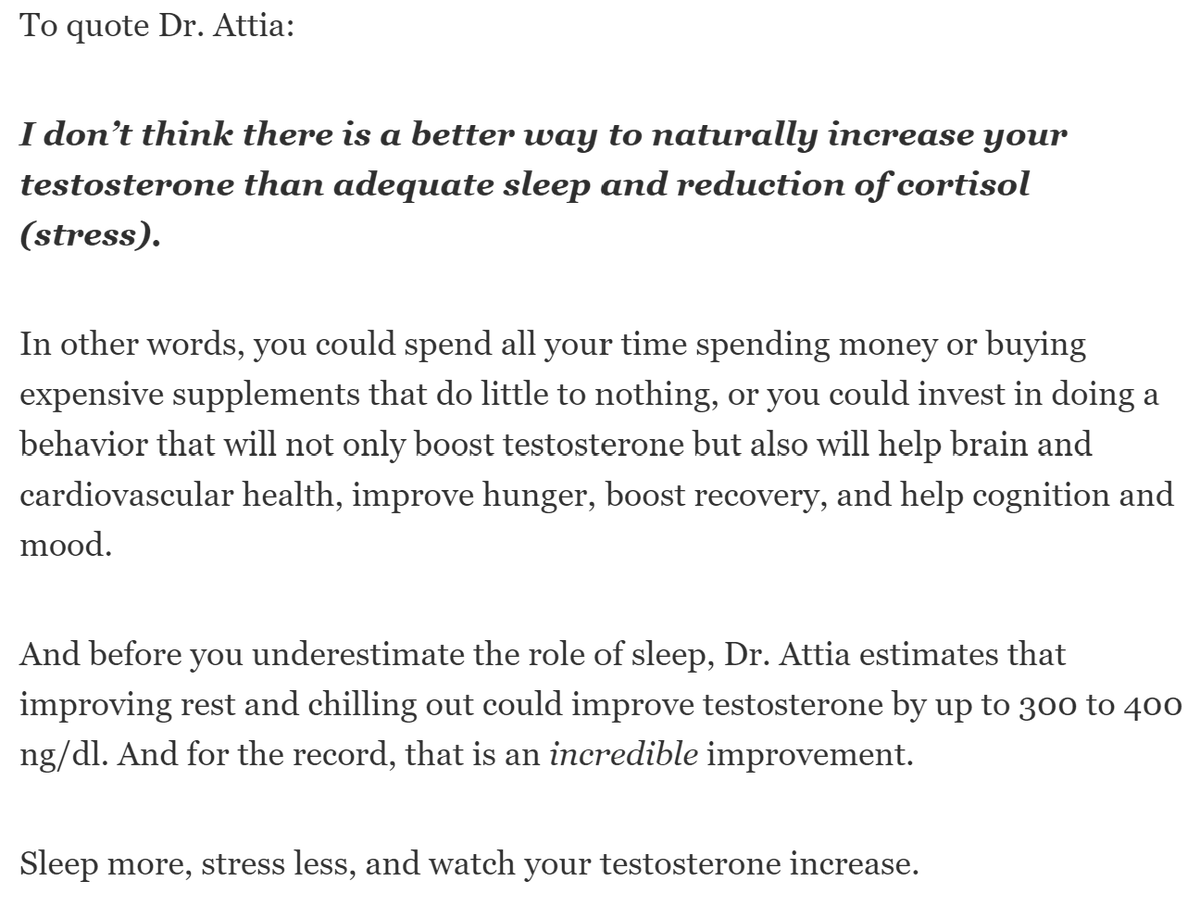 Best way to boost your testosterone: ✔️Get your sleep ✔️Reduce stress I'd also throw in getting lean and muscular (resistance exercise). All boring, unsexy stuff that requires you to do WORK...which is exactly why most people ignore/overlook it. Everything else (other than