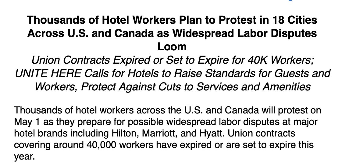 Union contracts covering 40K hotel workers in 18 cities expire this year, including at Hilton, Marriott and Hyatt. That could mean some major strikes.  

Thousands of these workers will protest tomorrow as they prepare for potential labor dispute.