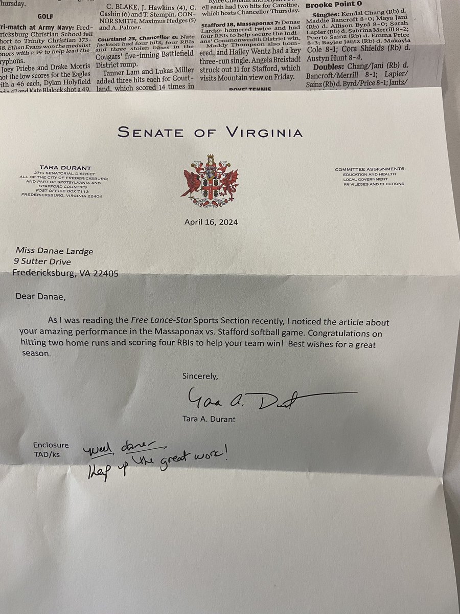 How cool and much appreciated is this! Thank you Senator Tara Durant for recognizing Denae’s great game last week! UNITY STRONG!