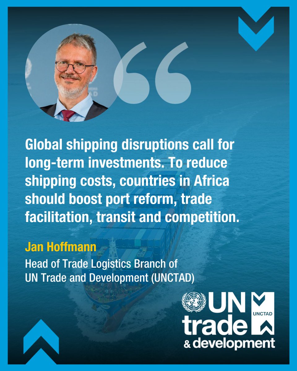 UN Trade and Development Africa (@unctadinafrica) on Twitter photo Shipping disruptions have increased freight rates, translating to higher costs for exporters, importers & consumers.
Countries should make long-term investments to reduce shipping costs, improve resilience & benefit from ship calls.
bit.ly/3UylvdM
<a href="/JanHoffmann_gva/">Jan Hoffmann</a> Shipping disruptions have increased freight rates, translating to higher costs for exporters, importers & consumers.
Countries should make long-term investments to reduce shipping costs, improve resilience & benefit from ship calls.
bit.ly/3UylvdM
<a href="/JanHoffmann_gva/">Jan Hoffmann</a>