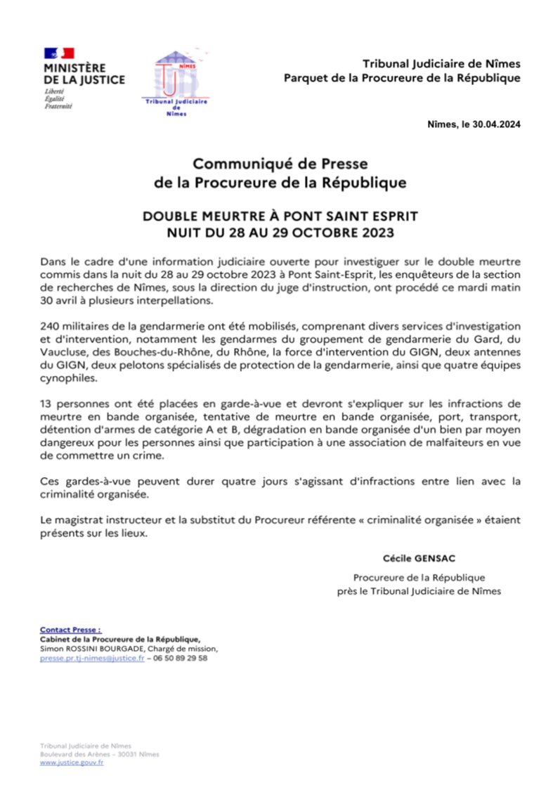🗞️ [Communiqué de presse] Double meurtre à Pont-Saint-Esprit dans la nuit du 28 au 29 octobre 2023, plusieurs interpellations 👇