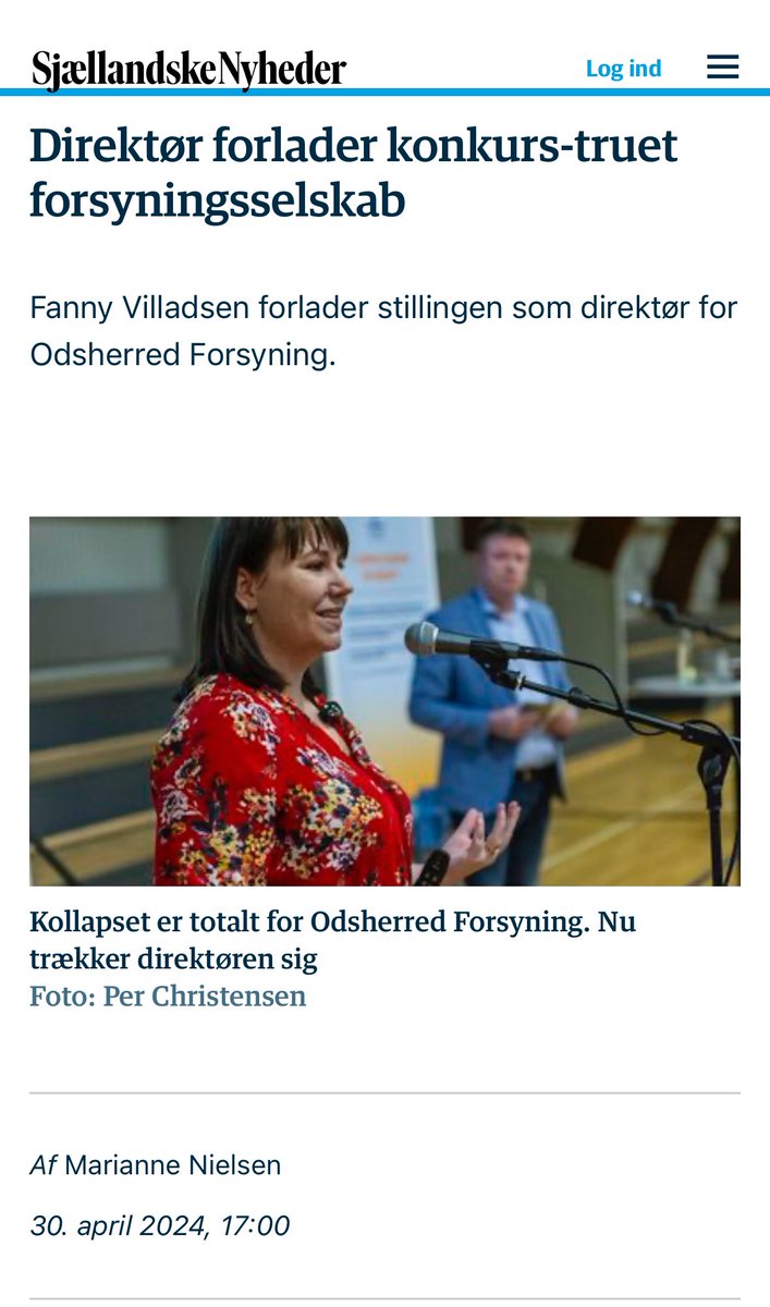 Endnu en forsyningsdirektør ryger på porten. 
“Direktør forlader konkurs-truet forsyningsselskab
Fanny Villadsen forlader stillingen som direktør for Odsherred Forsyning.”

sn.dk/odsherred-komm…