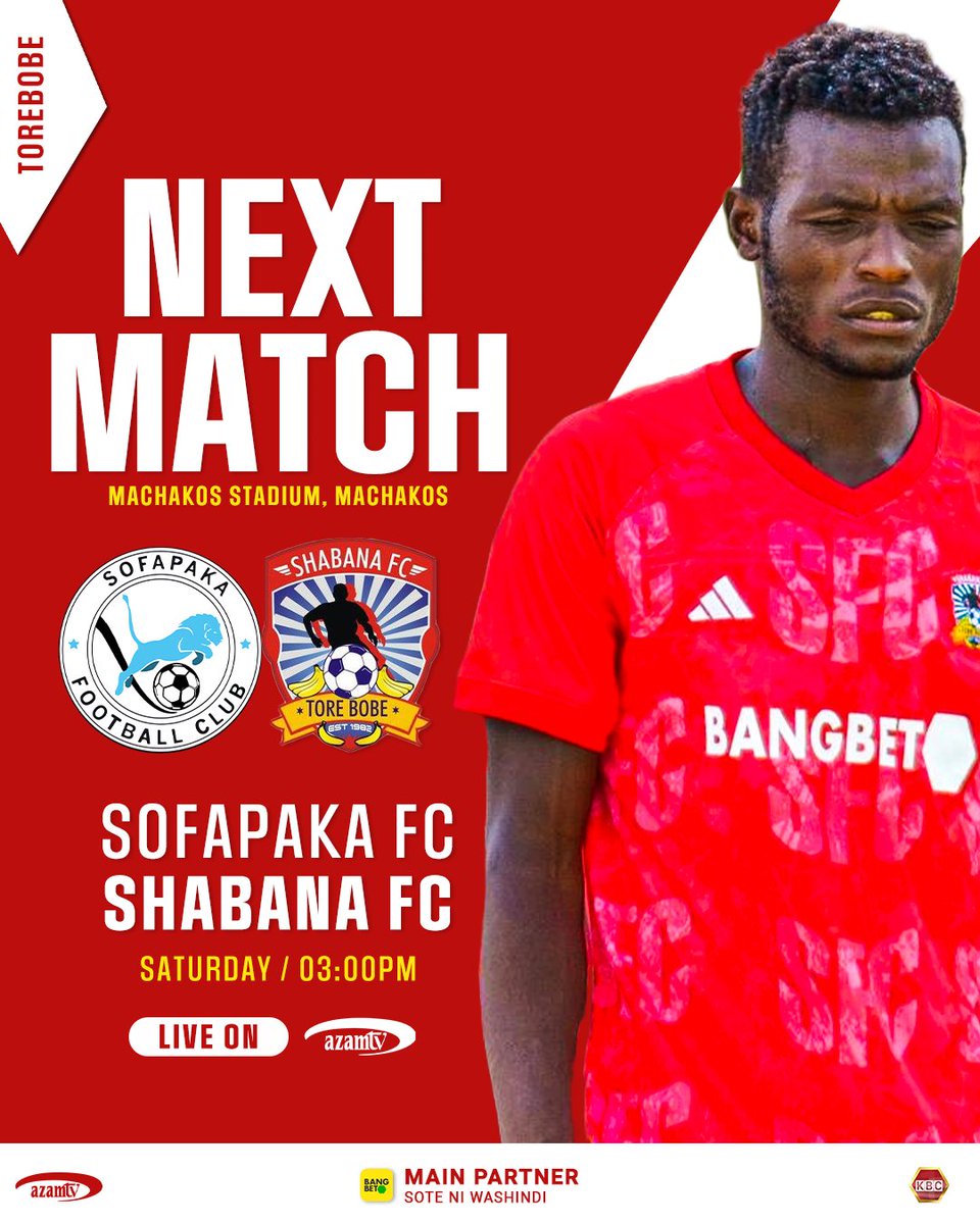 🔴 | NEXT ASSIGNMENT

🏆 | FKF Premier League

⚽️ | Sofapaka FC 🆚️ Shabana Fc

🗓 |  Saturday, 4th May 2024

🏟 | Machakos Stadium.

⏰ | 3:00PM EAT

Club Main Partner @BangbetKE Sote ni Washindi.

#ToreBobe #ToreMorero.