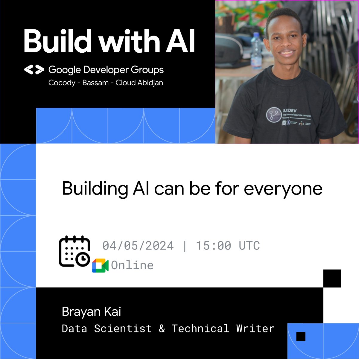 [Build with AI] 🥳

Join us this May 4 with <a href="/Kai_mwanyumba/">Brayan Kai</a> :
His session will provide an in-depth overview of #Gemini, its capabilities, and how it can be used for various applications😉
#BuildWithAI #Gemini #Gemma
RSVP: gdg.community.dev/e/my2qez/