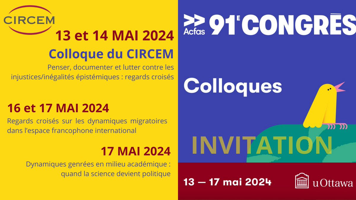CIRCEM (@circemuottawa) on Twitter photo #AcfasC417
📍📣Les lundi 13 et mardi 14 mai
Où ❓ Bâtiment : Carrefour des apprentissages (CRX) Local : CRX C010🐤
➡️Notre colloque intitulé 💡"Penser, documenter et lutter contre les injustices et inégalités épistémiques : regards croisés"✨acfas.ca/evenements/con…
<a href="/uOttawa/">Université d'Ottawa | University of Ottawa</a> #AcfasC417
📍📣Les lundi 13 et mardi 14 mai
Où ❓ Bâtiment : Carrefour des apprentissages (CRX) Local : CRX C010🐤
➡️Notre colloque intitulé 💡"Penser, documenter et lutter contre les injustices et inégalités épistémiques : regards croisés"✨acfas.ca/evenements/con…
<a href="/uOttawa/">Université d'Ottawa | University of Ottawa</a>