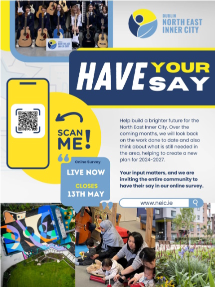Reminder - you can #HaveYourSay & shape the future of the #neic - online survey now open, simply scan QR Code. Don't have digital access? Pop into #CharlevilleMallLibrary Wed 8 May 2-4pm or Sat 11 May 11-1pm for help with survey. @neic_dublin #NEICSurvey #NEICCommunity