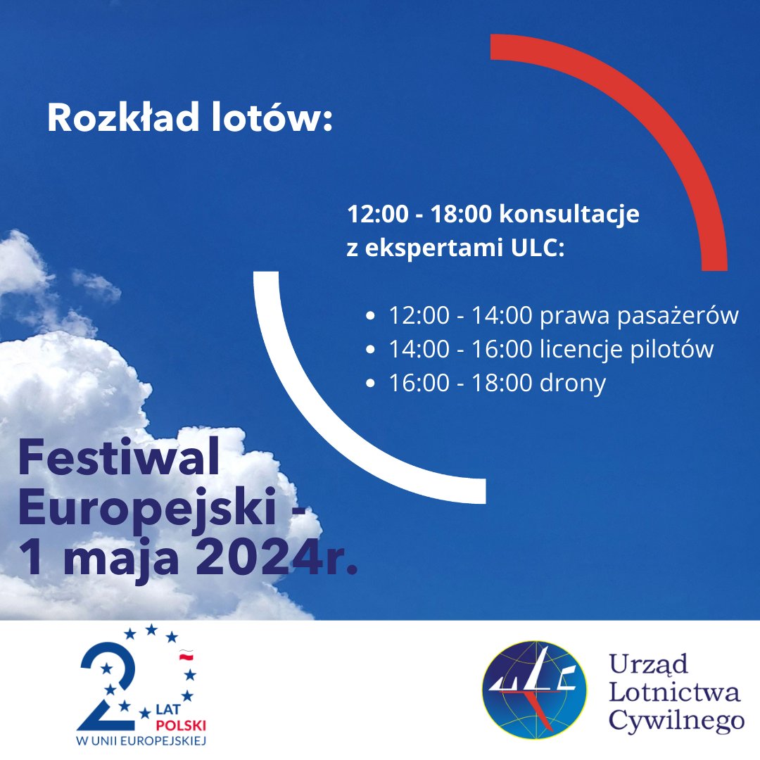 Już jutro - 1 maja eksperci #ULC będą czekać na odwiedzających strefę lotniczą podczas Festiwalu Europejskiego❗️Będzie również czas na zabawę😀 Znajdziecie nas przy Skwerze Hoovera, gdzie wspólnie z @Porty_Lotnicze, @PANSA_PL, @LOTPLAirlines będziemy celebrować #20latPolskiwUE❗️