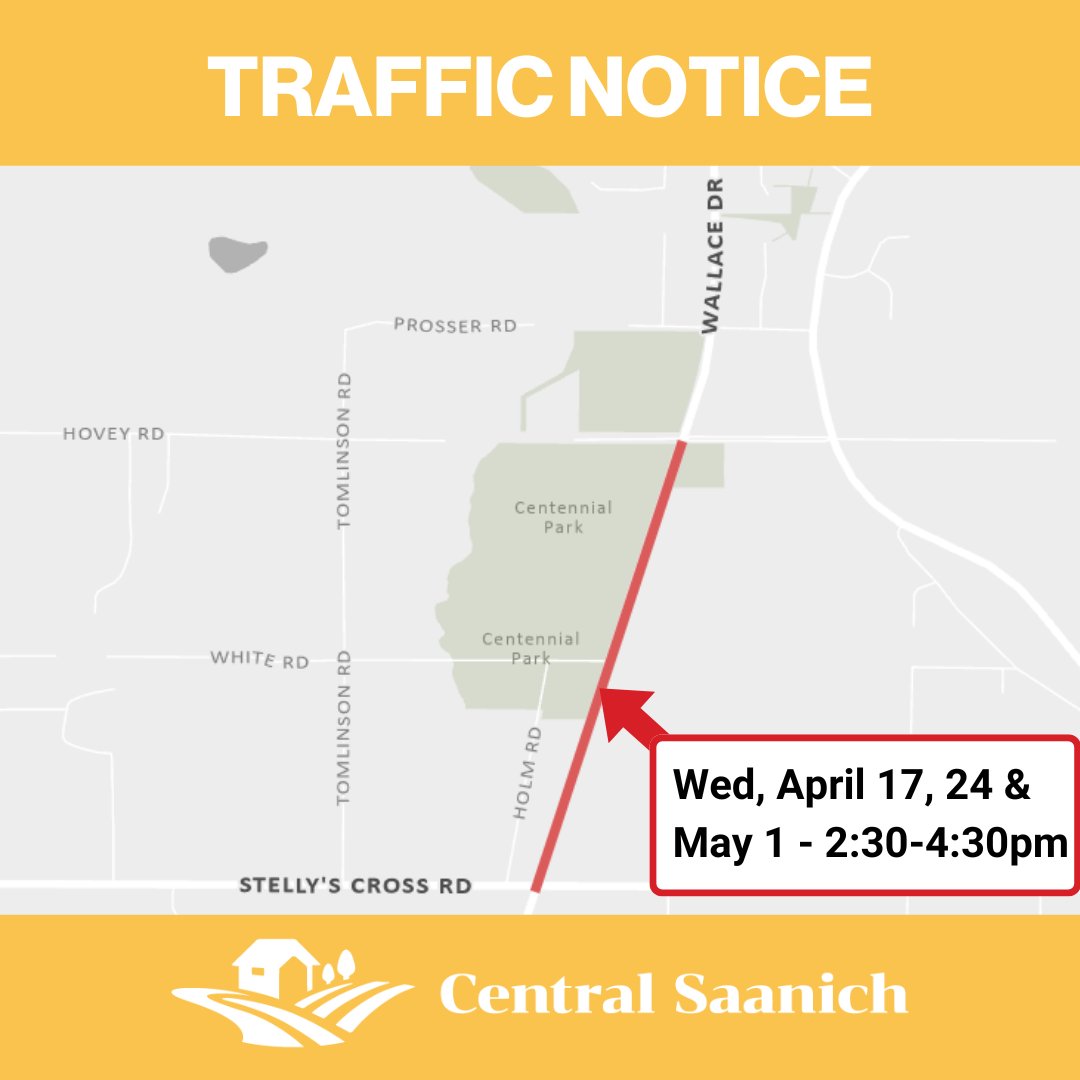 TRAFFIC ADVISORY: Wed, May 1 from 2:30-4:30 pm -  Centennial Park on Wallace Dr (from Stelly's X Rd to Hovey Rd). Expect delays due to @sd63schools cross country meet and construction, please use an alternate route, such as East Saanich Rd. 
#CSaan #YYJTraffic