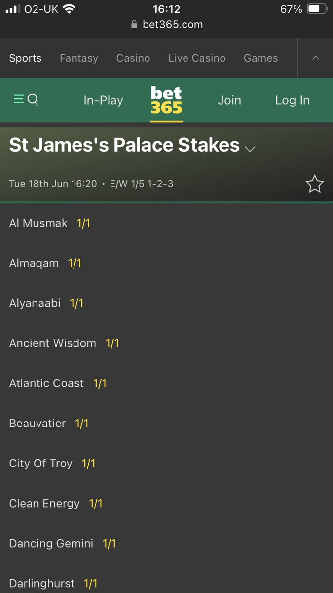 Screenshot of Bet365 ante-post prices on the St James’s Palace which were up a few minutes ago but have now been taken down, presumably because the price about City Of Troy came under pressure.