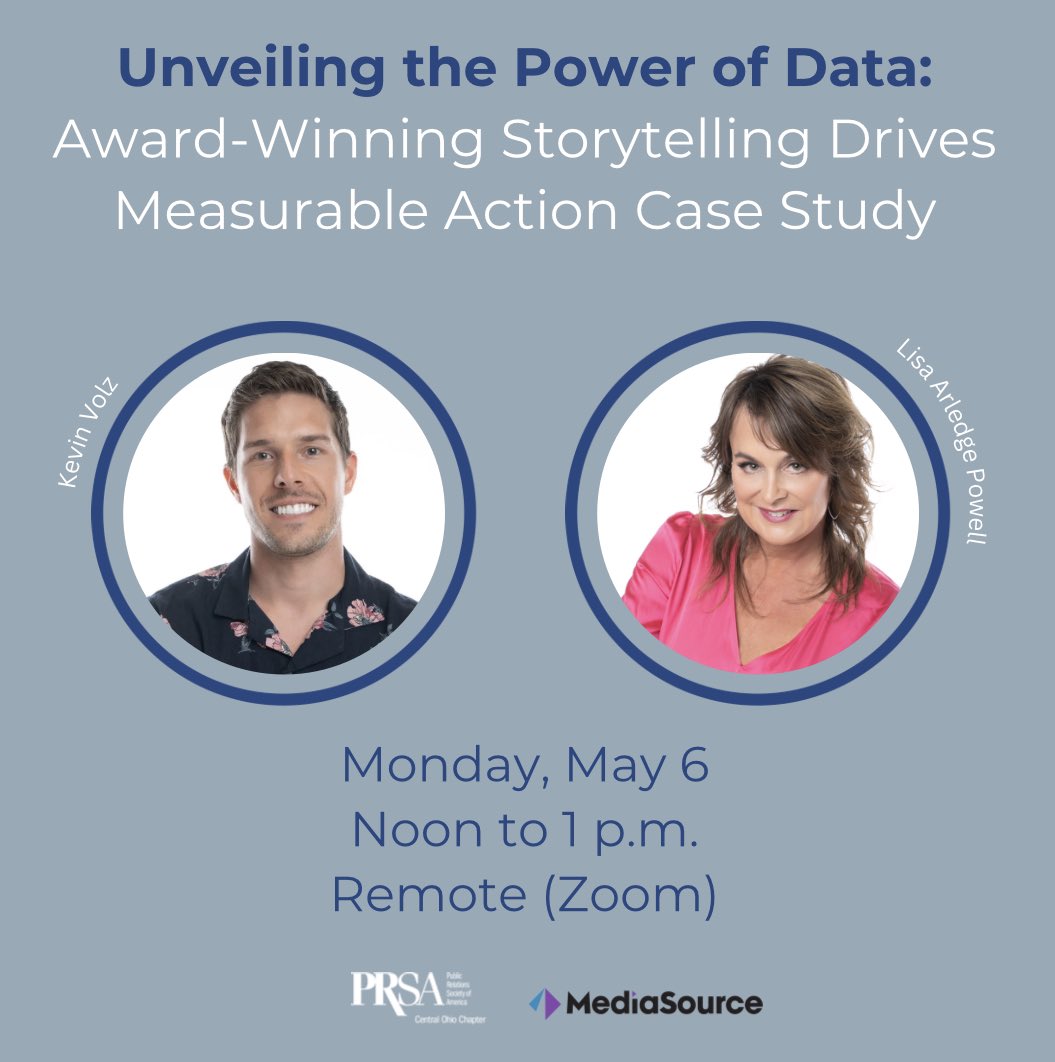 Our May virtual Lunch and Learn will feature Lisa Arledge Powell and Kevin Volz from <a href="/MediaSourceTV/">MediaSource</a>!
 
Learn about their data and analytics case study that earned a coveted spot on the PRWeek Healthcare Awards shortlist. 
 
Register by Friday, May 3. ⬇️
 
prsacentralohio.org/meetinginfo.ph…