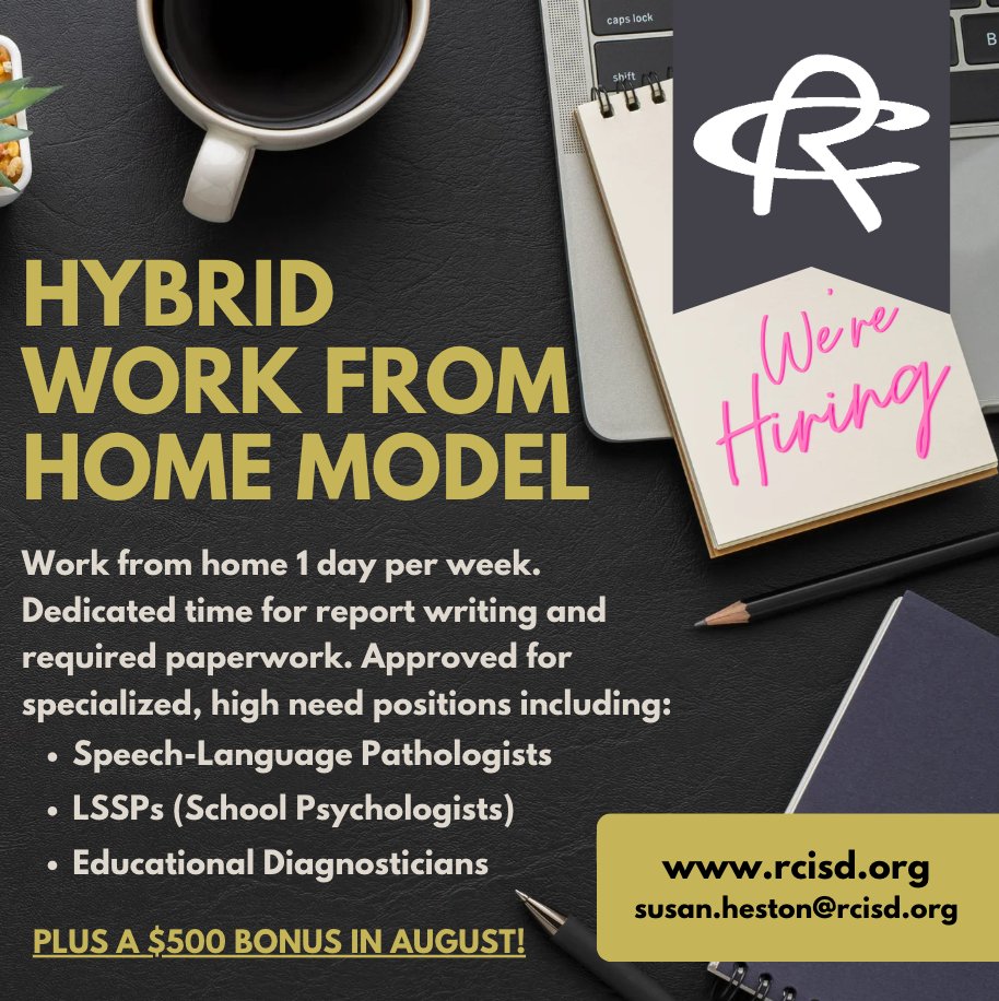 Calling all SLPs, LSSPs & Educational Diagns! A hybrid work model has been approved for these high need positions for 2024-25. Work from your home office one day per week. All staff will also receive a $500 incentive check in August to kick off the year! rcisd.org/page/human-res…