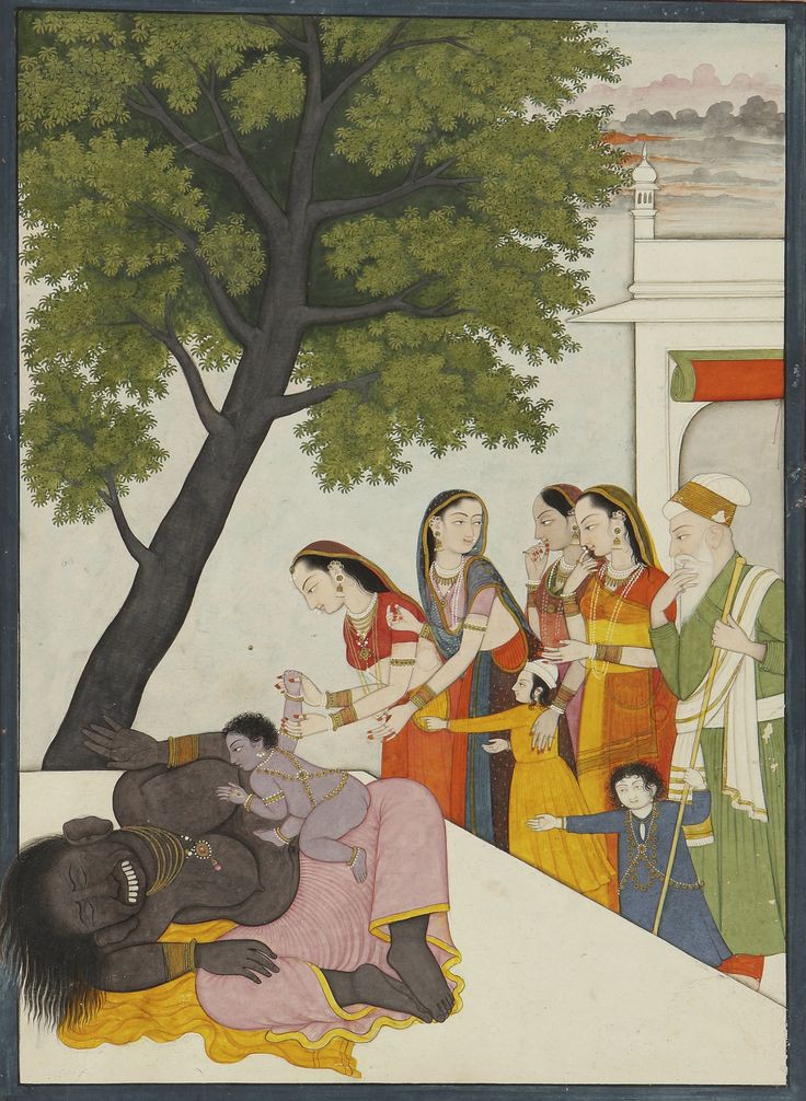 In the tale of Infant Krishna, the mischievous god defeats the demoness Putana by sucking the life out of her breast, saving his village from her wicked intentions. -An Illustration to the Bhagavata Purana: The Infant Krishna slays the Demoness Putana, India, Guler, C. 1780-90