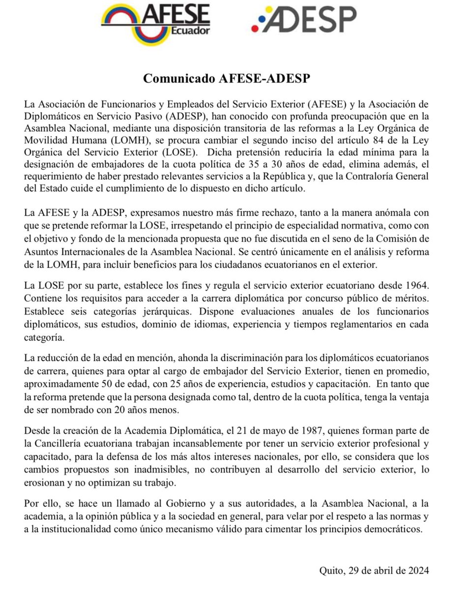 EcuAfese's tweet photo. Comunicado a la opinión pública
Quito, 29 de abril de 2024. #Porlaprofesionalizaciondelservicioexteriorecuatoriano #AFESE #diplomacyinaction #Diplomaciaecuatoriana https://t.co/cQfYf4sGrr
