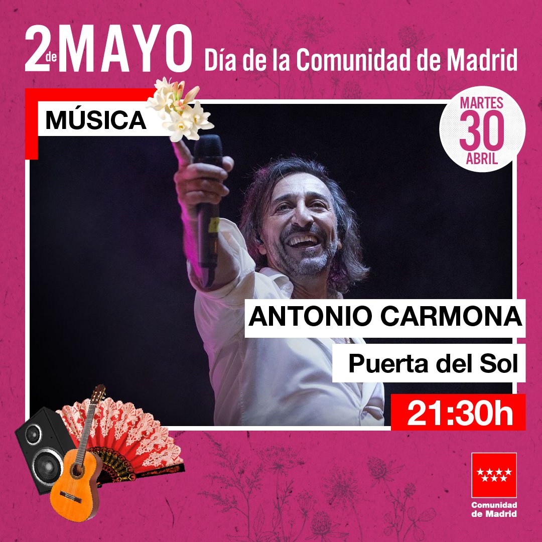 🎵 No te pierdas la programación de las fiestas del #2deMayo en la Puerta del Sol, con el concierto gratuito de Antonio Carmona. ⏰ Hoy, a partir de las 21:30 horas. 🎉 Celebra con nosotros el día de la @ComunidadMadrid. +Info: c.madrid/2deMayo2024 #MadridEsCultura