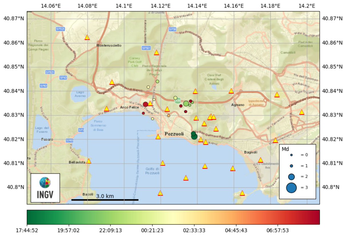 CAMPI FLEGREI - AGGIORNAMENTO SCIAME (30/04/2024 - 16:59) Dalle ore (UTC) 17:44 del 29/04/2024 è in corso uno sciame sismico nell’area Campi Flegrei. Ulteriori informazioni sul sito: buff.ly/4a1sCzL #CampiFlegrei #INGV #OsservatorioVesuviano