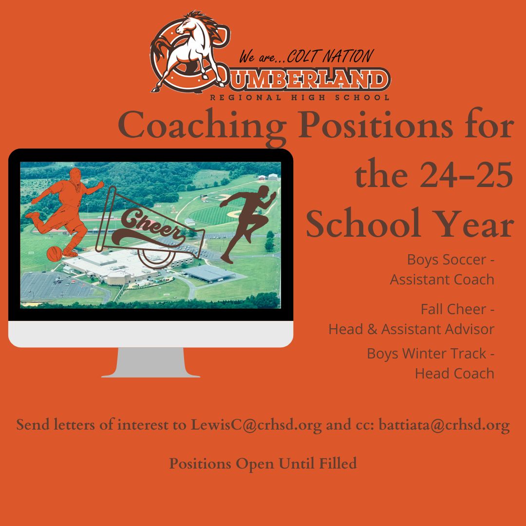 The CRHS Athletics Department is looking for coaches for the fall of 2024.  Interested candidates must have a minimum of a Substitute Teacher Certification and must meet NJSIAA requirements.  Letters of interest should be sent to LewisC@crhsd.org and copy battiata@crhsd.org.