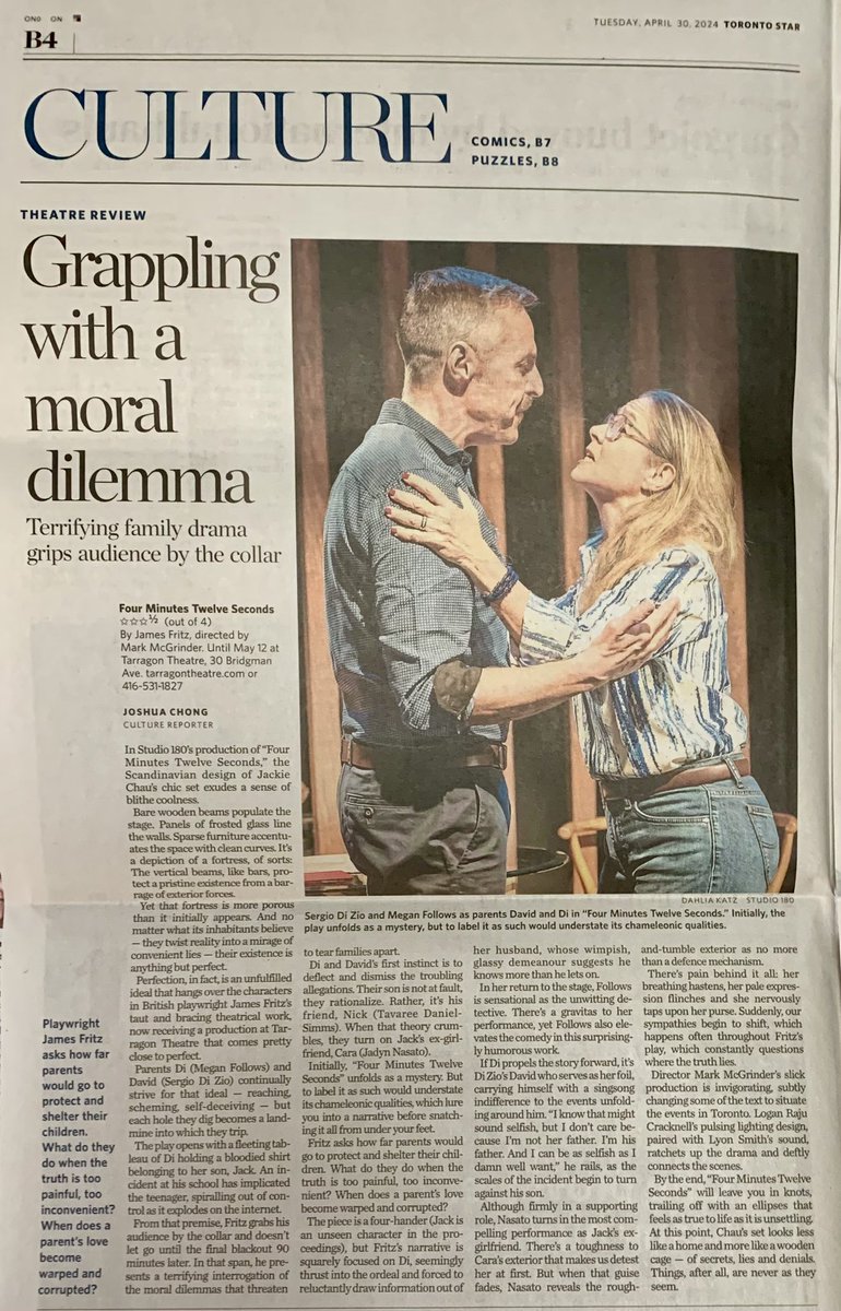 Wonderful review in Toronto Star for @Stu180Theatre FOUR MINUTES TWELVE SECONDS, currently playing at @TarragonTheatre till May 12 only, with terrific cast Megan Follows, Sergio DiZio, Jadyn Nasato, Tavaree Daniel-Simms. Don’t miss it! tarragontheatre.com/plays/2023-202…