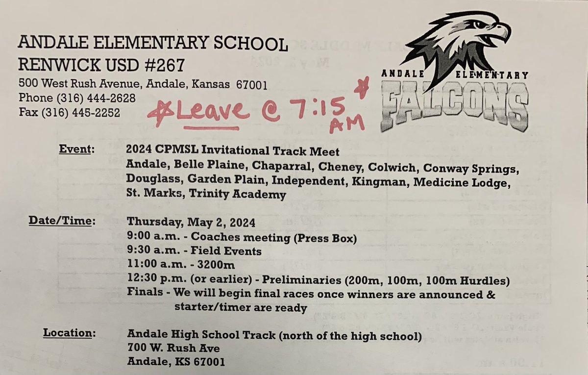 Information for Thursday’s (May 2) League Track Meet.
