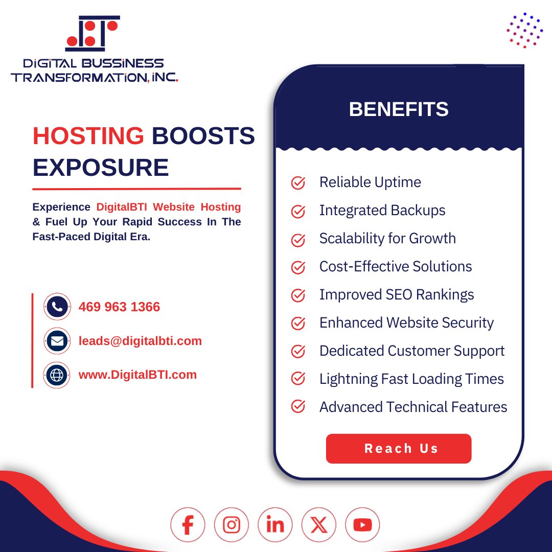 With the fast web hosting from DigitalBTI, unleash your website potential! Lightning-fast loading speeds increase visitor engagement, boost search engine rankings, and dramatically increase conversions. Boost right now with DigitalBTI! 💻💨

Reach Us At:⠀
Call: 469 963 1366, ...