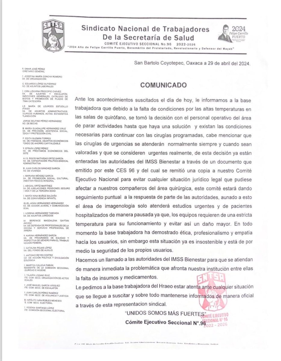 #Entérate 🔴|| En protesta por falta de condiciones, suspenden actividades en áreas de Quirófano e Imagenología en Hospital de Especialidades #Oaxaca @SSO_GobOax @GobOax 👉primeralinea.mx/2024/04/30/en-…