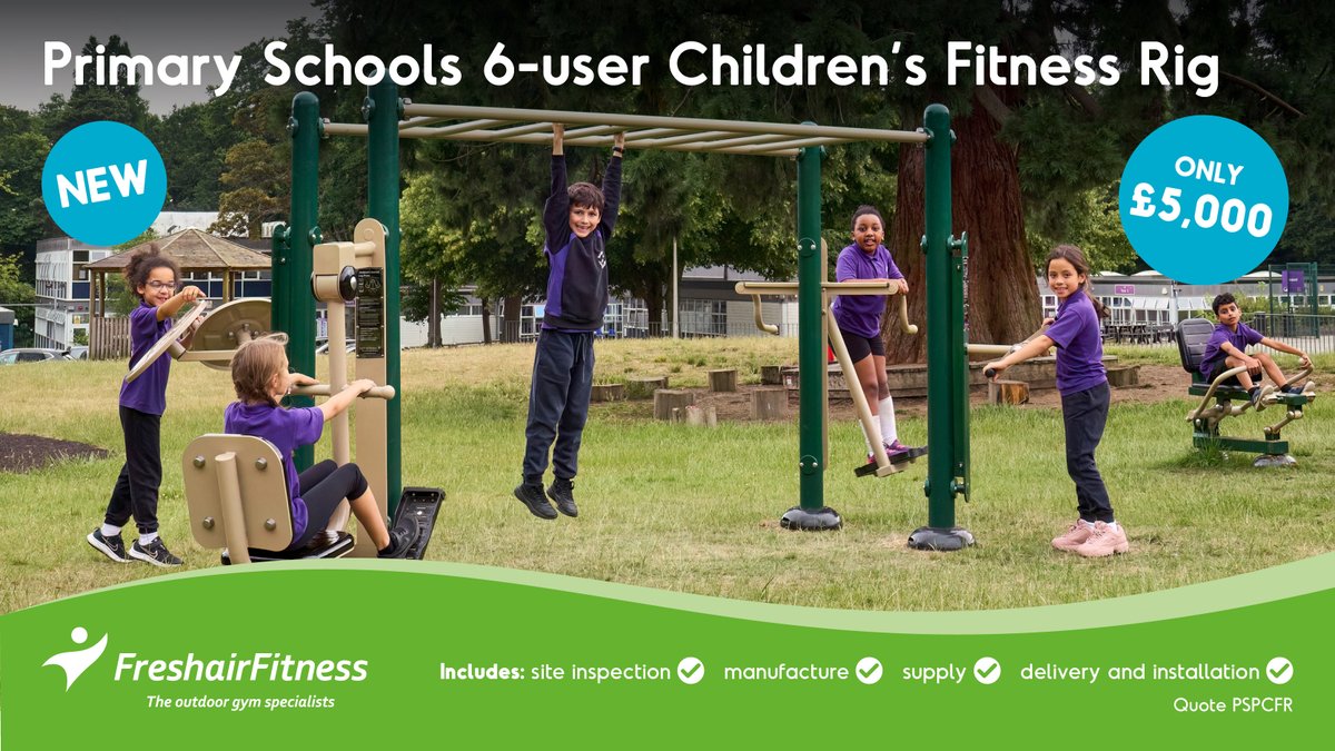PRIMARY SCHOOLS 6-USER CHILDREN’S FITNESS RIG This package includes 5 Fitness Stations: - Air Skier - Monkey Bars - Seated Leg Press - T’ai Chi Spinners - Inclusive Arm Bike (for wheelchair users) Call us on 01483 608 860 today. #outdoorgym