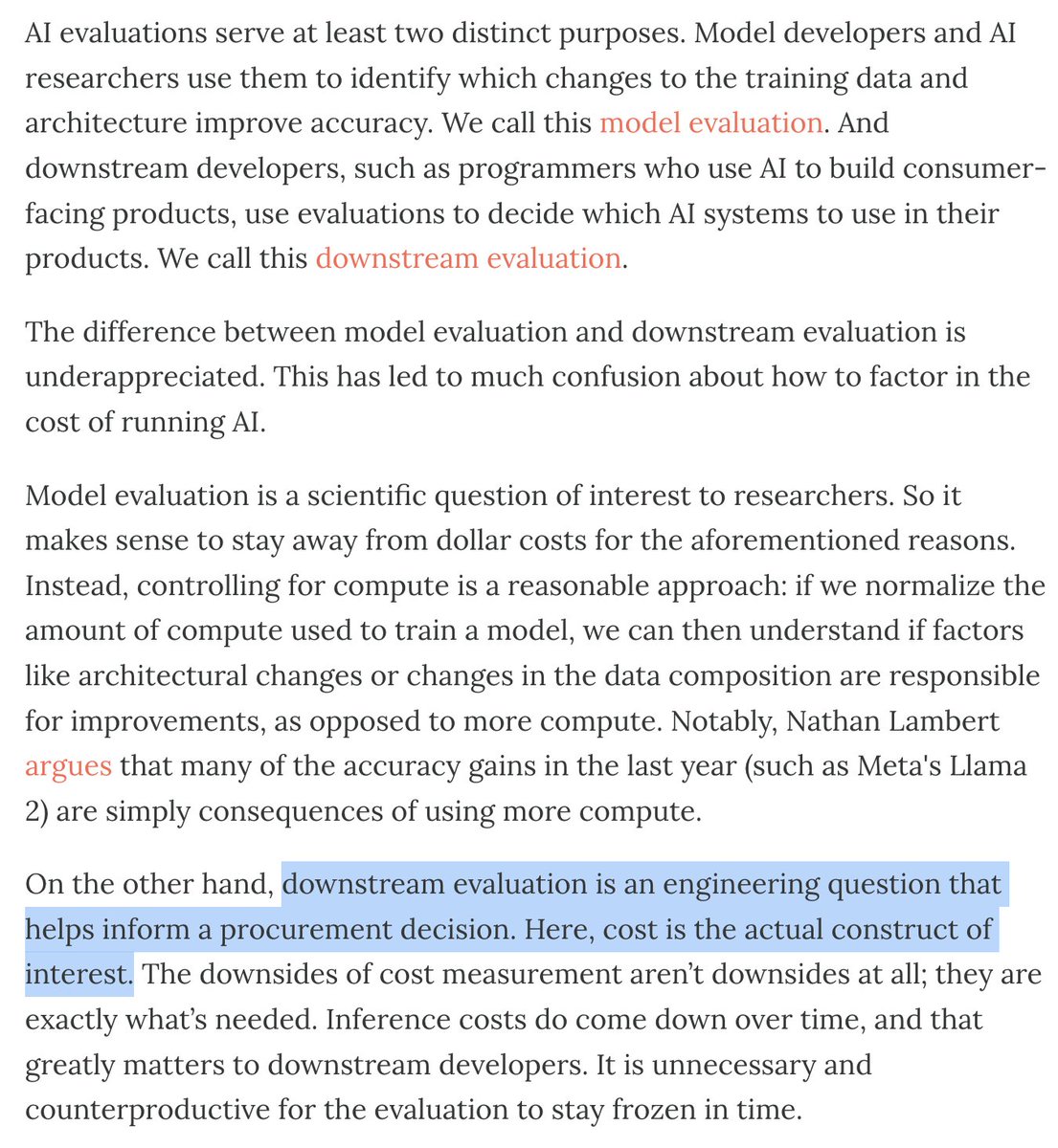 We fully recognize that there are downsides to reporting dollar costs in evals, given that costs change quickly. The difference in our perspective comes down to model evaluation vs downstream evaluation (our focus is the latter). aisnakeoil.com/p/ai-leaderboa…