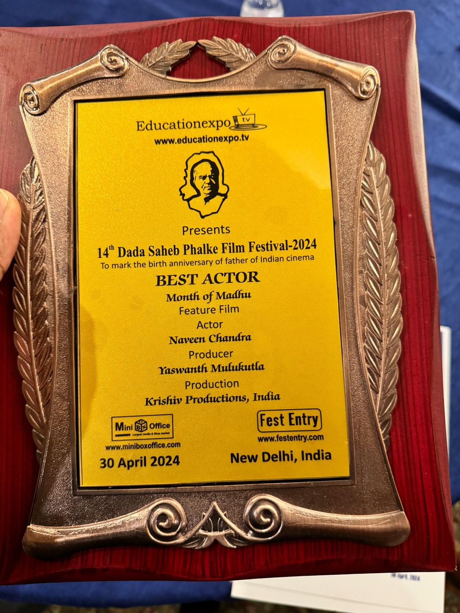 Actor @Naveenc212 receives a Best Actor Award for #MonthOfMadhu clinches and wins big at prestigious Dada Saheb Phalke Award! 🔥 @dadasahebfest #NaveenChandra